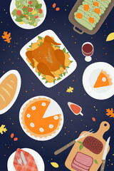 Thanksgiving traditional dinner background with roasted turkey, ham, pumpkin pie, cakes, cookies. Happy Thanksgiving Day poster template. Vector illustration. Top view.