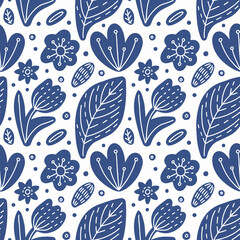 Ethnic Floral seamless pattern. Abstract blue white Flower and Leaves with Folk style dotted line ornament. Hand drawn Vector background for Fashion Textile print, fabric, wrapping, gift paper