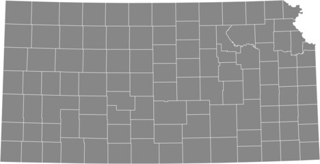 Gray vector map of the Federal State of Kansas, USA with white borders of its counties