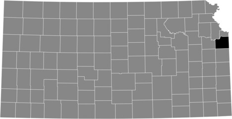 Black highlighted location map of the Johnson County inside gray map of the Federal State of Kansas, USA