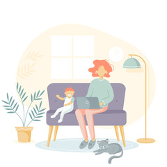 Young mother sitting on the sofa with kid and working on laptop from home. Female freelance worker with child at workplace. Maternity and career. Vector flat illustration.