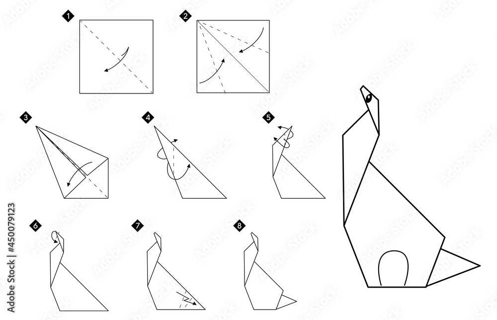 Poster how to make origami dinosaur. step by step black and white diy instructions. outline monochrome vect