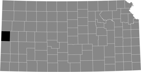 Black highlighted location map of the Greeley County inside gray map of the Federal State of Kansas, USA