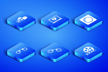 Set Film reel with Sex, Pills for potency, Sexy fluffy handcuffs, Handcuffs, Laptop 18 plus content and Condom in package icon. Vector