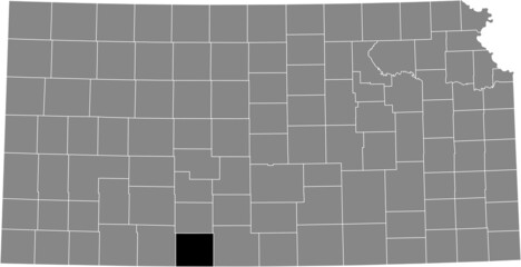 Black highlighted location map of the Comanche County inside gray map of the Federal State of Kansas, USA