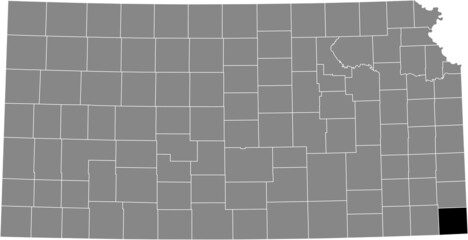 Black highlighted location map of the Cherokee County inside gray map of the Federal State of Kansas, USA