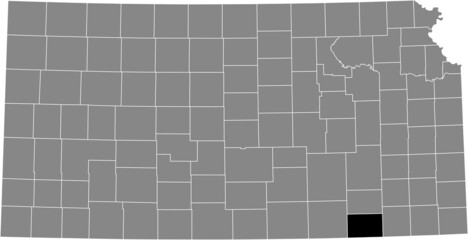 Black highlighted location map of the Chautauqua County inside gray map of the Federal State of Kansas, USA