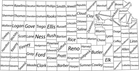 White vector map of the Federal State of Kansas, USA with black borders and names of its counties
