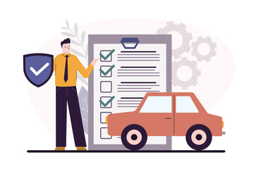 Cartoon male worker recommend take out car insurance. Technical assistance in case of accidents. Transport insurance protection