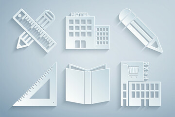 Set Open book, Pencil, Triangular ruler, Mall or supermarket building, Hotel and Crossed and pencil icon. Vector