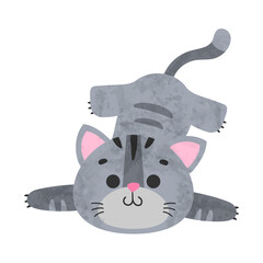 Cute lying gray kitty, kitten, cat with big eyes, black stripes on white background. Vector illustration for postcard, banner, web, decor, design, arts, calendar.