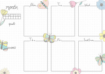 Printable A4 paper sheet, bullet journal page with hand drawn flowers and blank week planner, goals, events. Cute planner for daily planner template, blank for notebook.