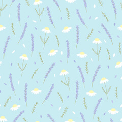 Vector seamless pattern with chamomile and lavender on blue background. For wallpapers, decoration, invitation baby shower, fabric, textile and linen print clothes and pajamas, gift and wrapping paper