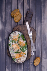 Fried bird breasts with stewed vegetables