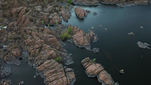 Aerial View of Scenic Rocky Coastline of Watson Lake Water Reservoir, Prescott, Arizona USA, Drone Shot