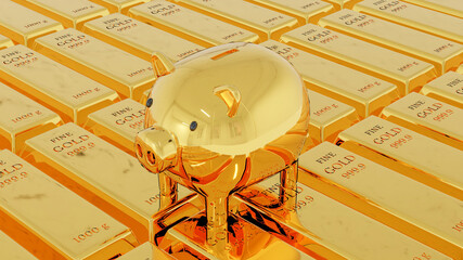 Gold piggy bank on fine gold bars weight of 1000 grams.  Financial concept. 3D rendering illustration.
