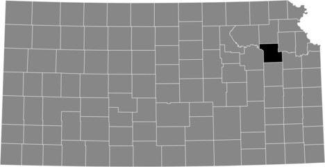 Black highlighted location map of the Shawnee County inside gray map of the Federal State of Kansas, USA