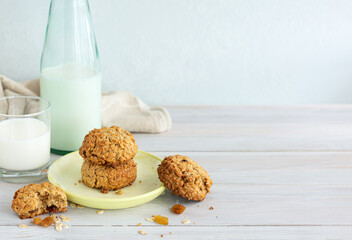 Oat meal cookies with glass milk.Selective focus.Copy space.