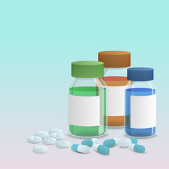 Realistic 3d various drugs, Pills and capsules with white blank label Vector illustration in pharmacy concept.