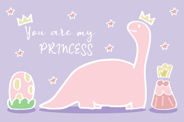 Vector illustration of cute princess pink dinosaur animal wildlife with egg and mountain with text you're my princess. Birthday card template. Pink Dino.