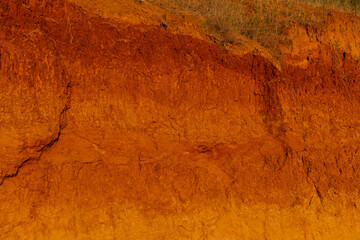 Geology. Desert landscape. Panorama view of the sandstone formation, the rocky cliffs, sand. Background or texture of sandy cliff on the coast, orange limestone