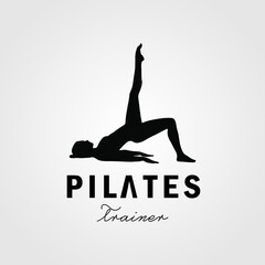 lying on back Pose Pilates Woman Silhouette, Girl with Beauty Body Hair and Face at gym logo design - obrazy, fototapety, plakaty