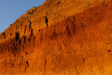 Geology. Desert landscape. Panorama view of the sandstone formation, the rocky cliffs, sand. Background or texture of sandy cliff on the coast, orange limestone