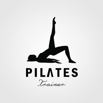 lying on back Pose Pilates Woman Silhouette, Girl with Beauty Body Hair and Face at gym logo design