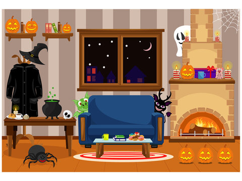 A room prepared for the celebration of Halloween with horror stories. Vector illustration on the theme of the interior.