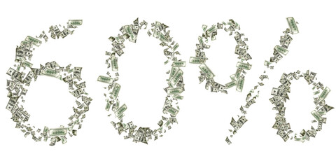 Dollar sign. American money number 60. Cash white background, us bill. Money falling.