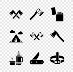 Set Crossed wooden axe, Wooden, Lighter, Thermos container, Swiss army knife, Head flashlight, Tourist tent with flag and icon. Vector