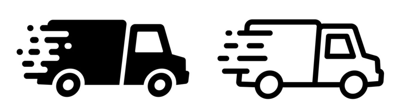 Fast moving shipping delivery van icons set. Delivery truck collection. Fast and free shipping. Fast driving vehicle sumbol. Line and flat style - stock vector.
