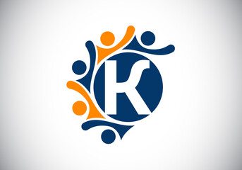 Initial K monogram alphabet with connecting people. Team, cooperation logo sign symbol. Font emblem. Logo for corporate business collaboration and great work