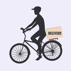 Courier on bike delivers package - black on white background - vector. Concept for online ordering, delivery of groceries.