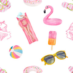 Seamless pattern with cute summer vacation objects food, drinks, fruits, flamingos and girl . Collection of isolated watercolor elements. Vector