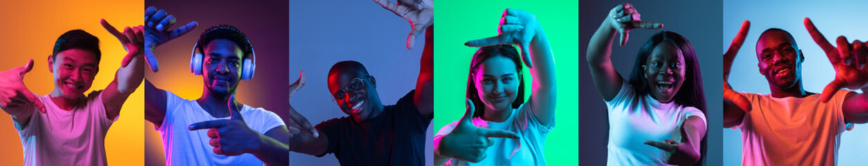 Flyer. Collage of portraits of young people showing frame gestures isolated over multicolored backgrounds in neon light.