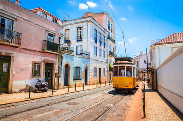 Plakat Famous vintage tram in the street of Alfama, Lisbon, Portugal