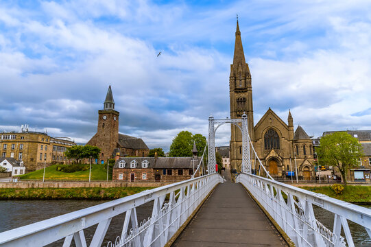 A view across the Greg Street bridge over the River Ness in Inverness, Scotland on a summers day