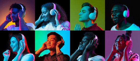 Collage of portraits of young people in headphones isolated over multicolored backgrounds in neon...