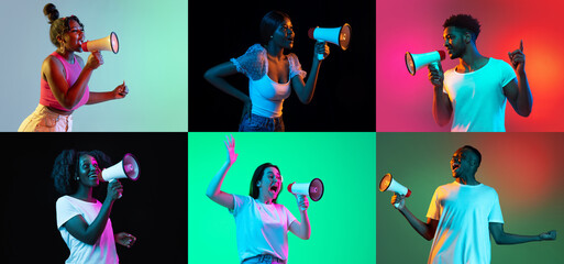 Collage of portraits of young people with megaphones isolated over multicolored backgrounds in neon...