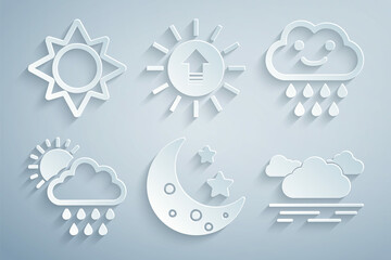 Set Moon and stars, Cloud with rain, sun, Sunset and icon. Vector