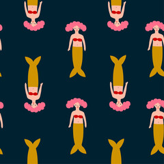 Cute hand-drawn seamless pattern with mermaids on dark background in minimalistic style . Funny endless design for fabric, wrap paper or wallpaper.