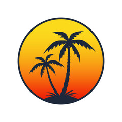 Fototapeta na wymiar Coconut palms at sea sunset view. Symbol tropical island. Resort logo. Vector illustration