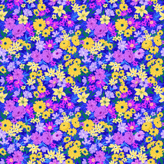 Obraz na płótnie Canvas Trendy seamless vector floral pattern. Seamless print from large realistic flowers. A bouquet of flowers from the garden. Bright yellow and purple chrysanthemums on a blue background. Stock vector.