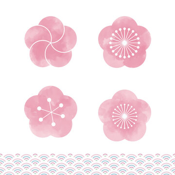 日本の梅と桜の花のセット。縁起の良い和柄のパターン。白い背景に水彩画のベクターイラスト。