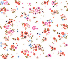 Vector seamless pattern. Pretty pattern in small flowers. Small pink coral flowers. White background. Ditsy floral background. The elegant the template for fashion prints. Stock vector.