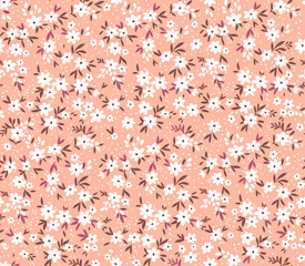 Beautiful floral pattern in small abstract flowers. Small white flowers. Pastel coral background. Ditsy print. Floral seamless background. The elegant the template for fashion prints. Stock pattern.