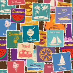 Postage stamps seamless pattern Summer vacation. Retro background signs travel exotic tour. Vector illustration background vintage style