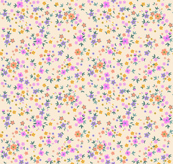 Beautiful floral pattern in small abstract flowers. Small colorful flowers. Ecru white background. Ditsy print. Floral seamless background. The elegant the template for fashion prints. Stock pattern.