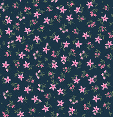 Cute floral pattern. Seamless vector pattern. Elegant template for fashion prints. Small pink flowers. Dark blue background. Summer and spring motifs. Stock vector.